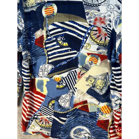 Take Two Blouse 1X Jersey Knit Nautical Sailing Sequin 3/4 Sleeve Country Club - Picture 3 of 6